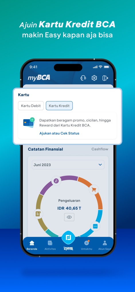 myBCA: New BCA Banking Apps - Users can manage "Kartu Kredit" applications and analyze spending patterns efficiently using the interactive "Catatan Finansial" chart.