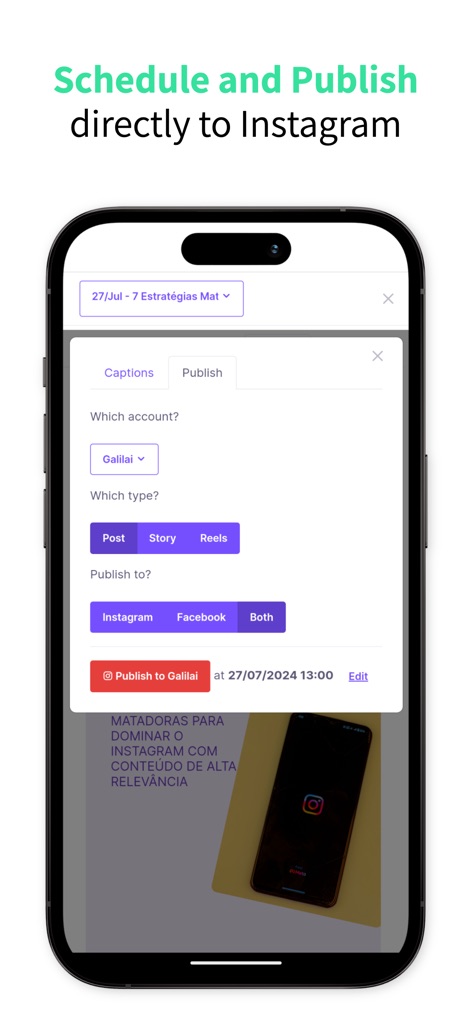 Reels & Posts Maker - GalilAI - Cet outil offre une fonctionnalité de publication directe et de planification aisée vers Instagram et Facebook pour divers formats de contenu.