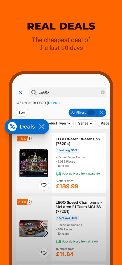 idealo - Price Comparison - Users can easily find significant savings by applying the "Deals" filter to search results and viewing discounted products with highlighted percentage reductions.