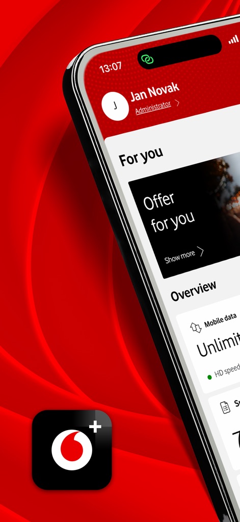 My Vodafone+ - The app presents a personalized account dashboard, clearly showing the user's name and "Mobile data" usage for a comprehensive overview.