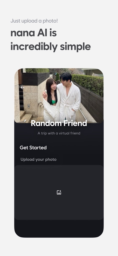 nana AI - Witness the app's straightforward workflow, guiding users to "Upload your photo" and seamlessly "Get Started" with AI image generation.