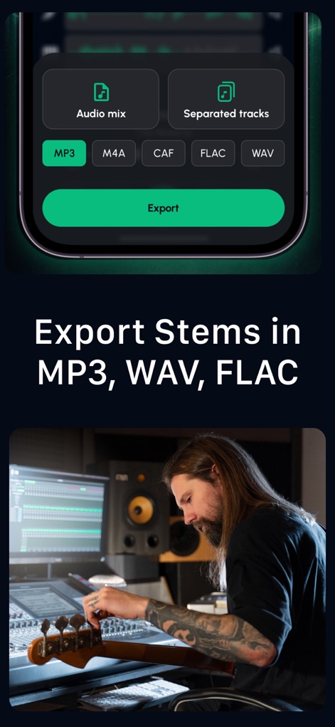 Stem Music and Voice Remover - Explore the robust export functionality, allowing users to save their separated tracks or full mixes in multiple professional formats like MP3 and WAV.
