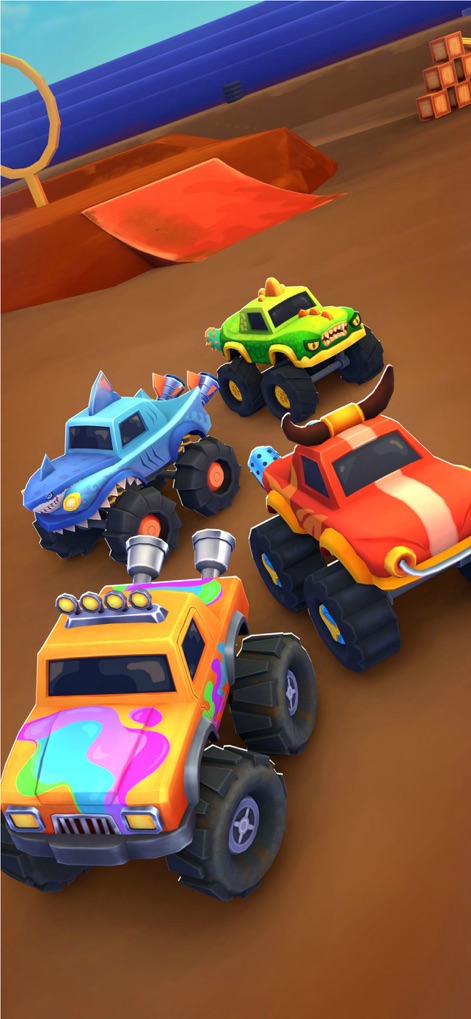 Monster Truck Games for Kids . - Observe a colorful assembly of custom monster trucks, showcasing the unique shark-fin and bull-horn designs available for personalization.