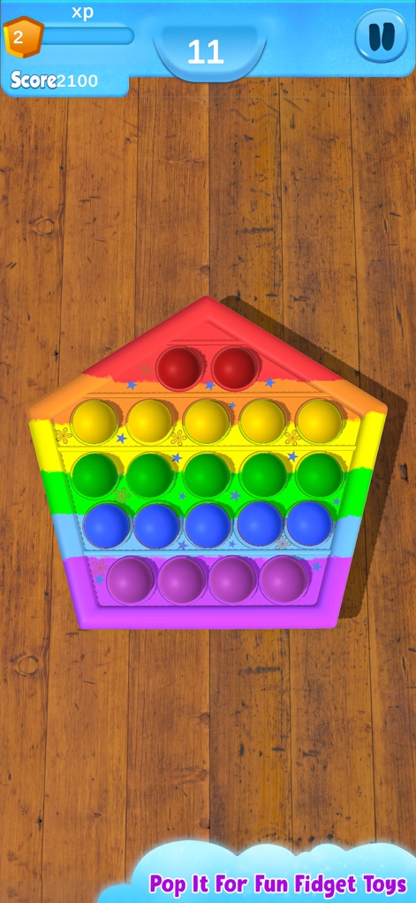Fidget Toys 3D - Pop It Game - Users can engage with vibrant, multi-colored pop-it designs and monitor their progress with the visible score and XP bar.