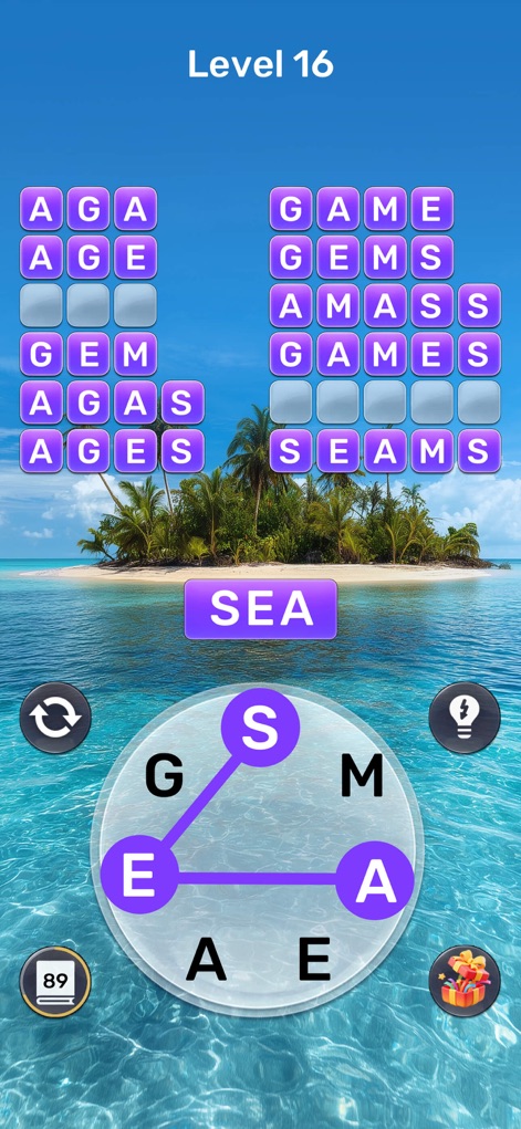 Word Oasis: Calm Puzzle Game - See how the app presents a clean word grid for discoveries and an intuitive letter wheel for word creation, set against a calming tropical backdrop.