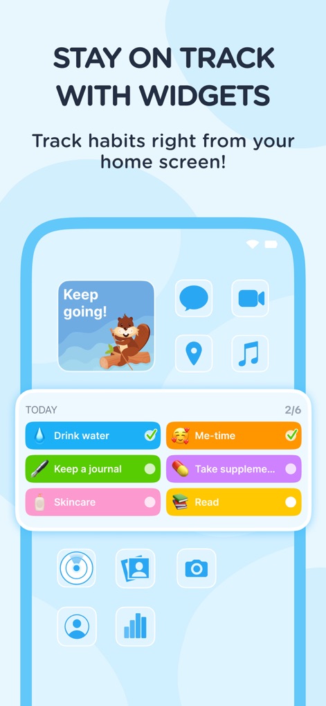 Dear Me: Daily Routine Tracker - The app offers convenient home screen widgets that allow users to track habits like "Drink water" and "Me-time" directly from their device, ensuring easy access and reminders.