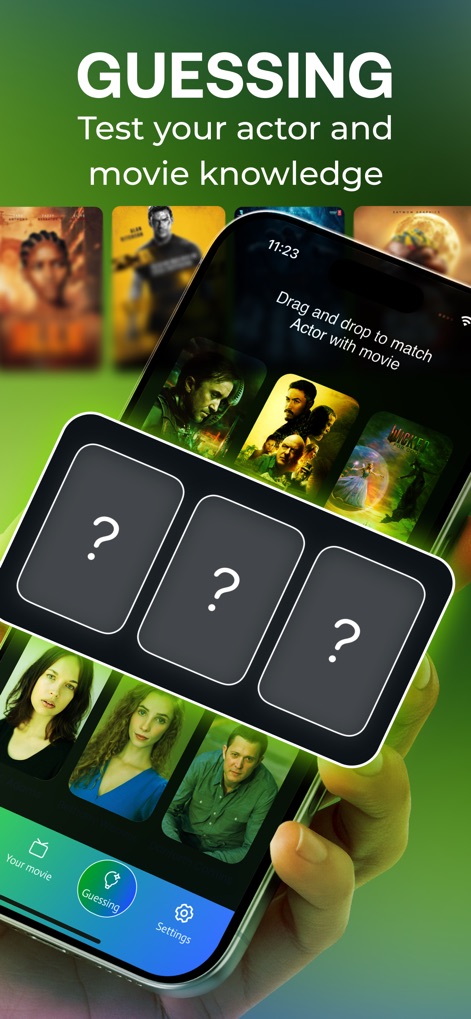 Onstream : Movies & TV Shows - Test your cinematic knowledge with the 'Guessing' game, presenting actor images and interactive drag-and-drop cards for engaging challenges.