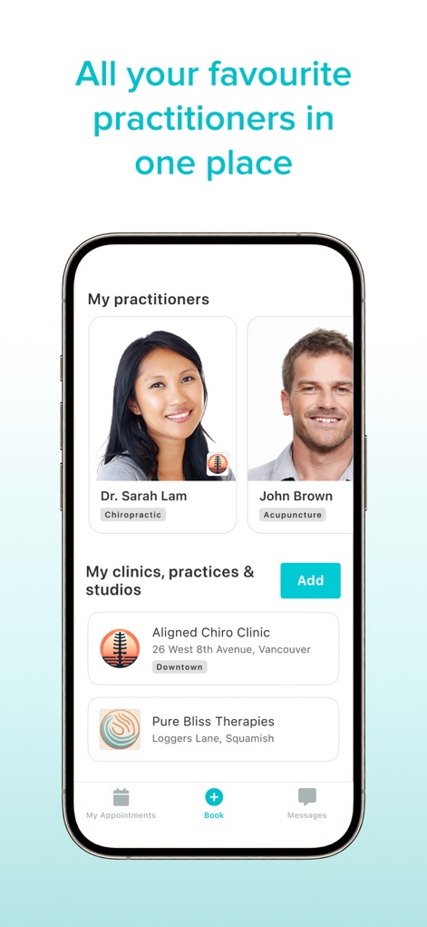 Jane for Clients - Users can effortlessly connect with favorite practitioners and multiple clinics, centralizing all healthcare relationships within the app.