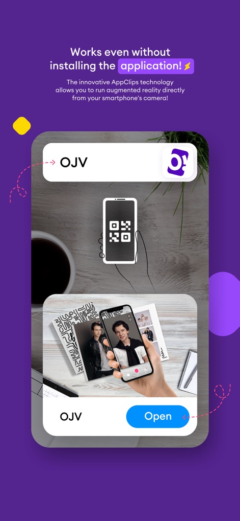 OJV! - Esta imagem realça a tecnologia AppClips, permitindo aos usuários animar memórias diretamente pela câmera do smartphone, como demonstrado na interface da aplicação.