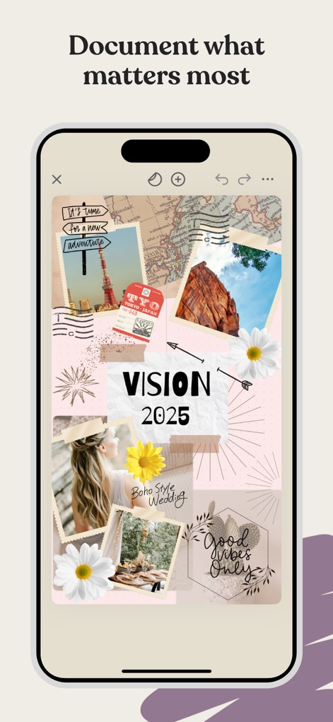 Planner & Journal - Zinnia - Nutzer erstellen inspirierende Vision Boards mit persönlichen Zielen, indem sie Reisebilder und motivierende Zitate kreativ anordnen, um ihre Träume festzuhalten.