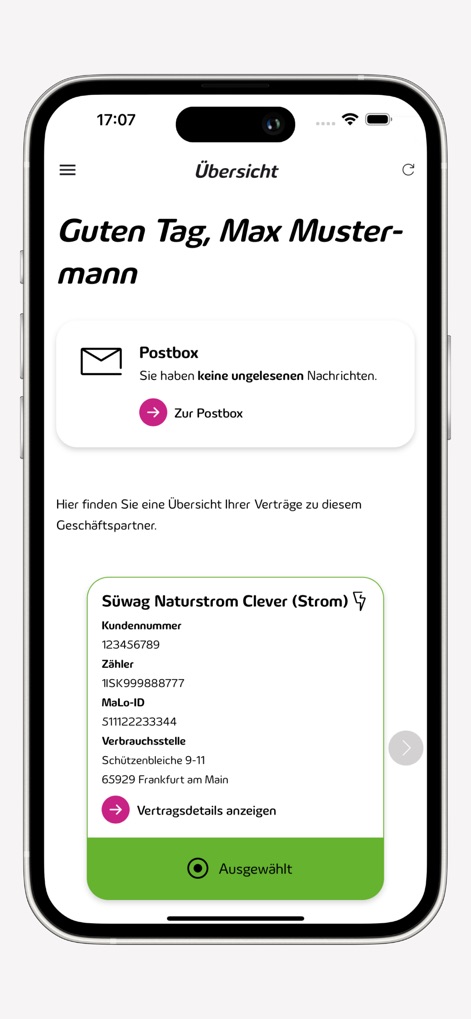 Meine Süwag - The app provides a personalized welcome message and displays essential contract details, allowing users to quickly access their Süwag energy agreements.