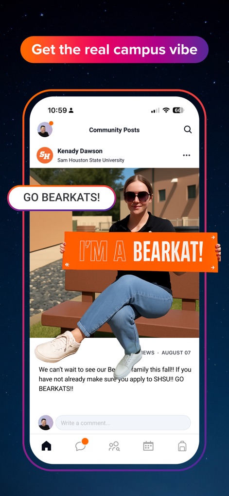 ZeeMee: Meet College Friends - The app facilitates campus engagement through a dynamic community posts feed, complete with an interactive "I'm a Bearkat!" graphic to celebrate school pride and updates.