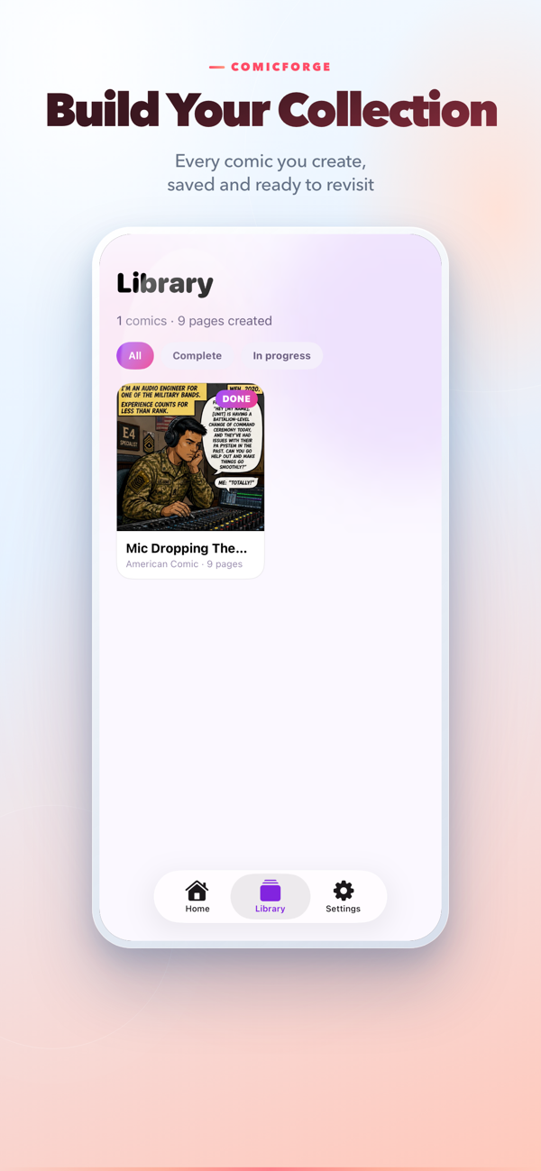 ComicForge library screen showing saved comics