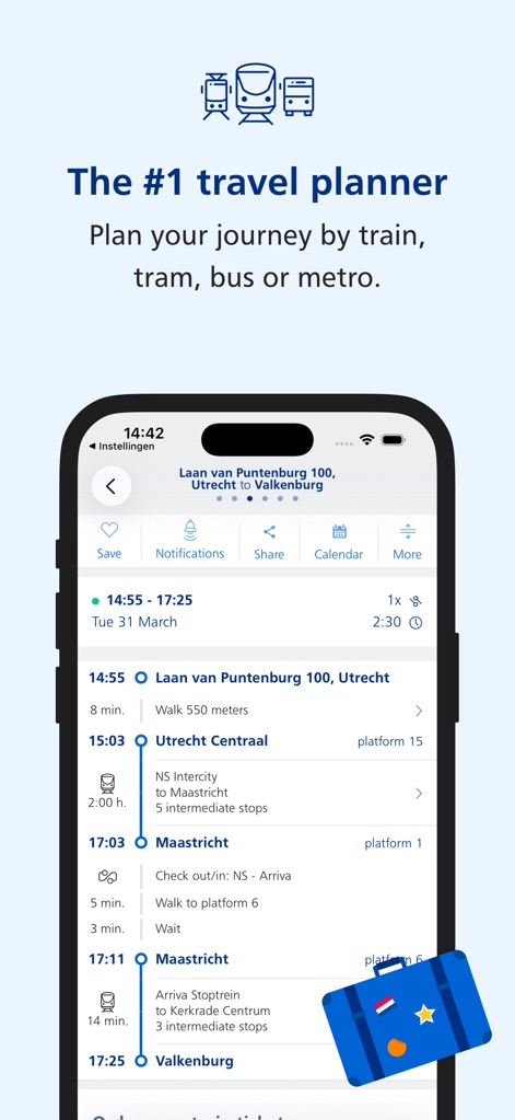 NS Travel Planner - Users can navigate their journey with a precise step-by-step itinerary, complete with platform numbers, and easily "Save", enable "Notifications", or "Share" their travel plans.