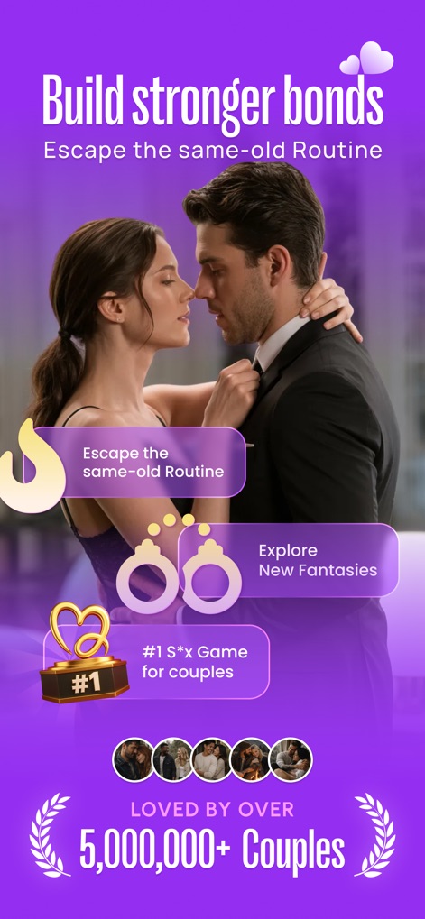 the2: Scratch Adventure - L'app evidenzia come migliora l'intimità, presentando una coppia che si abbraccia e l'endorsement di oltre 5 milioni di coppie che ne attestano l'efficacia.