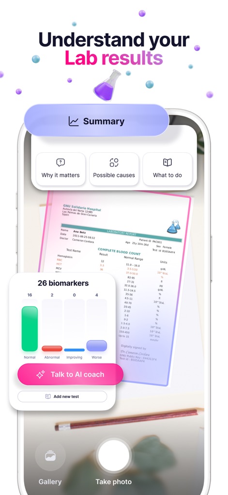 Elfie - Health & Rewards - Los usuarios pueden comprender sus resultados de laboratorio mediante un "resumen detallado" y un gráfico interactivo que muestra el estado de "26 biomarcadores" en categorías.