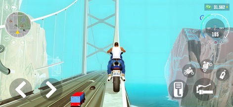 Moto Rider: Speed Chase - Experience the expansive urban environments as the app showcases a rider navigating a massive suspension bridge and realistic bike dynamics from a third-person view.