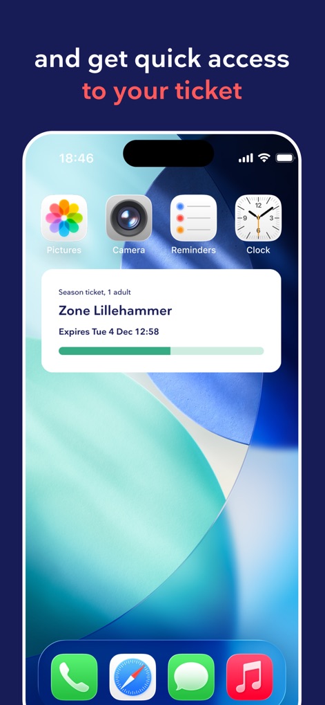 Entur - Travel and tickets - Users gain immediate access to ticket details through a lock screen widget, clearly displaying the ticket type and relevant zone information with its expiry date.