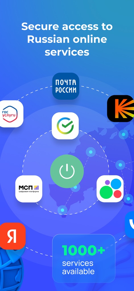 VPN Russia: Just Russian VPN - This tool enables secure access to a wide array of essential Russian online services, prominently featuring Gosuslugi and Pochta Rossii, alongside a clear badge indicating support for over 1000+ services.