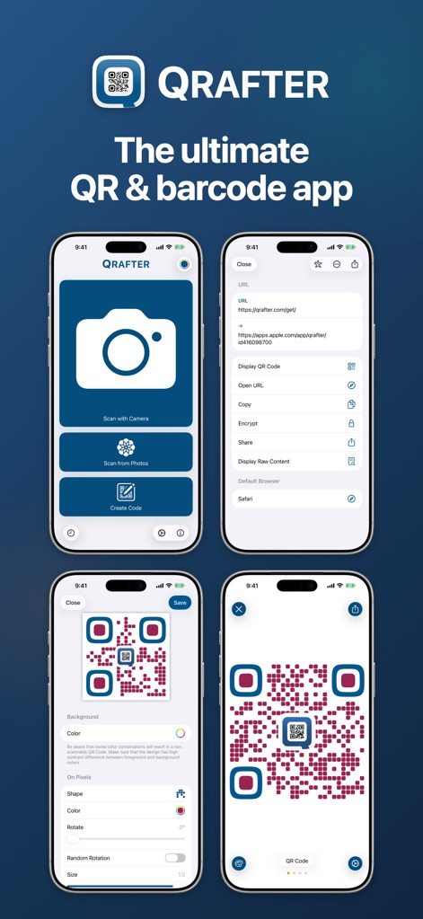 Qrafter: QR Code Reader - Explore the core functionalities, from swift scanning via camera or photos to customizing QR code colors and shapes for unique designs.