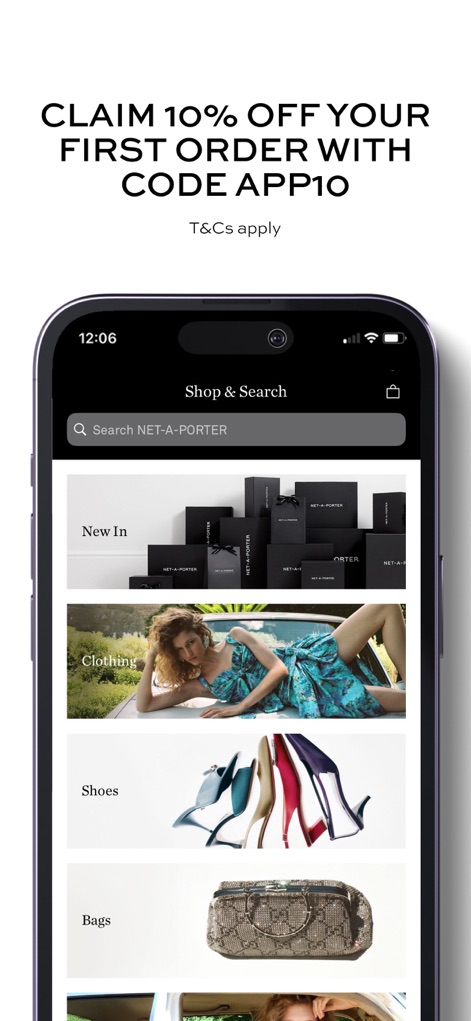 NET-A-PORTER: Luxury Fashion - La pantalla principal permite a los usuarios explorar categorías clave como 'Clothing' y 'Shoes', mientras una oferta visible les invita a 'CLAIM 10% OFF YOUR FIRST ORDER'.