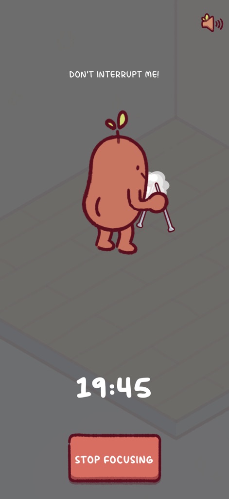 Focus Friend, by Hank Green - '방해 금지!' 메시지와 함께 뜨개질하는 콩 캐릭터는 남아있는 '19분 45초'의 집중 타이머를 보여주며 사용자의 몰입을 강조합니다.