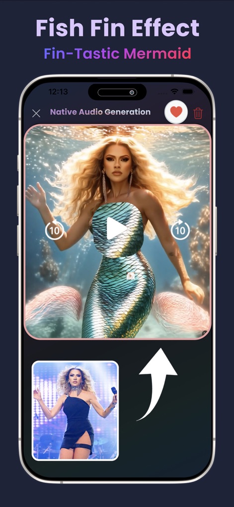 Bing AI: bing image creator - ユーザーは自分の写真を、水中で輝く幻想的なマーメイドへと変身させることができます。元の人物が生き生きとした人魚の姿へと変化する様子は、本アプリの高度な画像合成能力と、夢のようなビジュアル創造力を示しています。