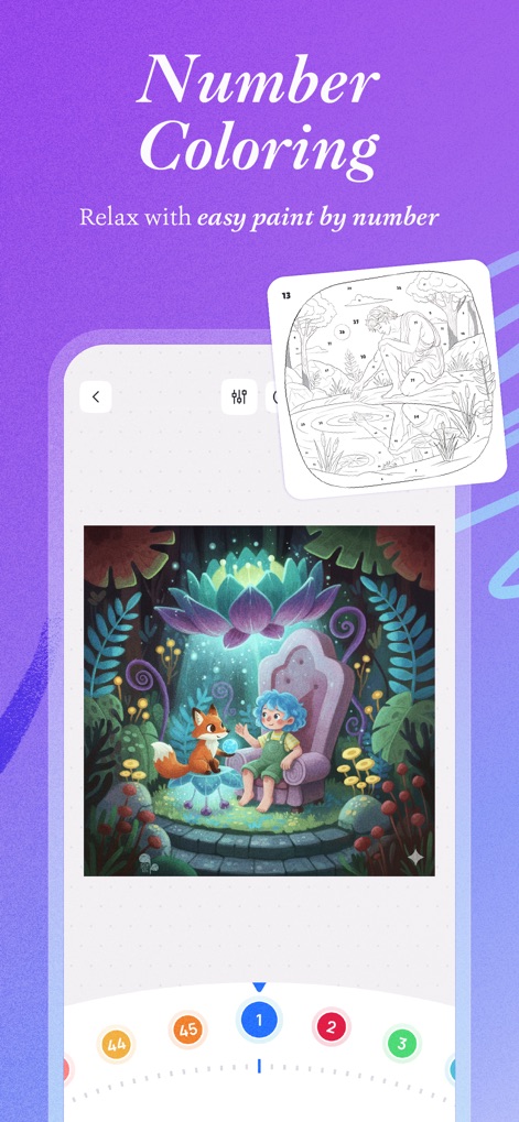 Artsy Artasy - Adult Coloring - O aplicativo oferece a opção de pintura por números para uma experiência relaxante, onde os usuários preenchem seções numeradas, e revela ilustrações belamente finalizadas com cores vibrantes.