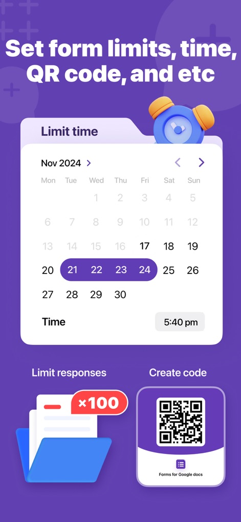 Forms for Google Docs - ユーザーはフォームの回答期限をカレンダーで詳細に設定でき、専用のQRコード生成機能を通じてフォームを迅速かつ簡単に共有することが可能です。