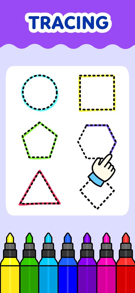 Coloring Games for Kids 2-6! - Dieses Tool unterstützt das Erlernen und Erkennen von Formen, indem Kinder geometrische Formen wie Kreis und Quadrat mithilfe der bereitgestellten Nachzeichen-Hilfen üben können.
