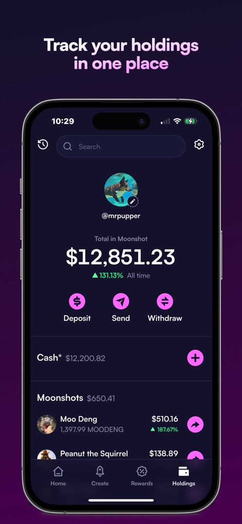 Moonshot - The app offers a comprehensive portfolio overview, displaying the total balance and individual holdings like 'Moo Deng' with options to deposit, send, or withdraw funds.