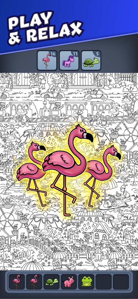 Triple Match City - Discover the calm yet engaging process of matching three vibrant flamingo objects, accented by a glowing outline and set within a detailed, relaxing background scene.