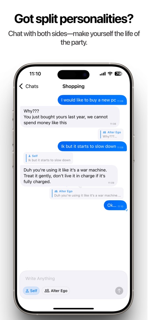 SoloType - Chat with Yourself - 사용자는 '나'와 '또 다른 자아'의 메시지 버블을 통해 쇼핑과 같은 주제에 대해 아이디어를 주고받는 대화를 시뮬레이션할 수 있습니다.