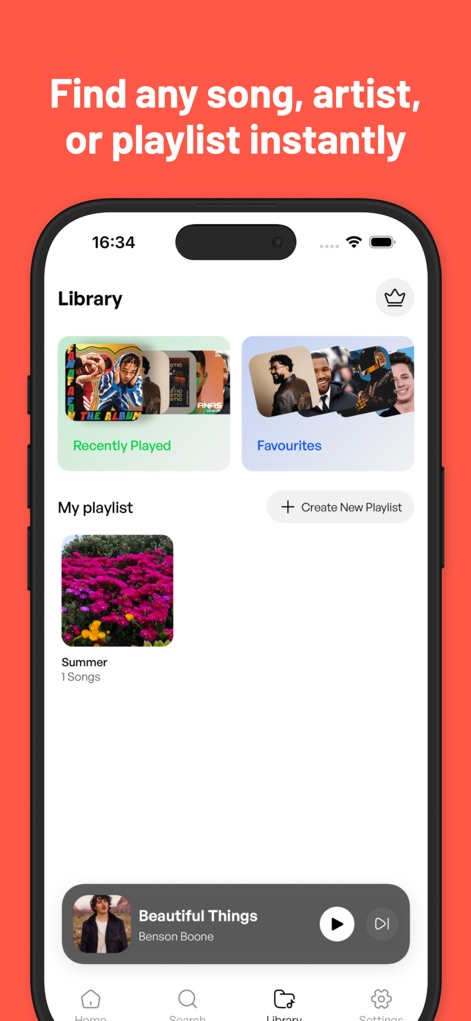 Music  : Cloud Music Streaming - Die intuitive Bibliotheksoberfläche ermöglicht das einfache Auffinden von Titeln durch "Recently Played" und "Favourites" sowie die flexible Verwaltung der eigenen Sammlung durch die Option, neue Playlists zu erstellen.