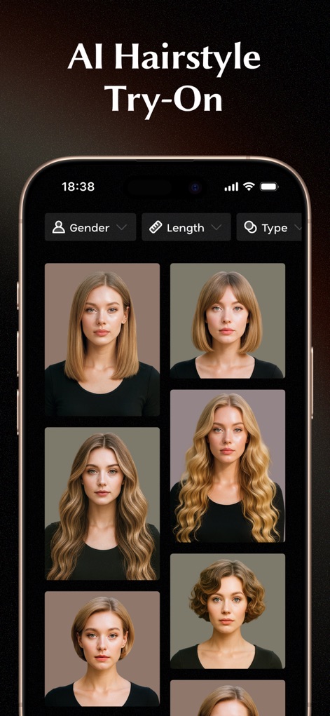 Glowify - AI Hairstyle Try On - See how Glowify - AI Hairstyle Try On presents a grid of diverse hairstyle options and offers intuitive filtering tools for personalized searches.