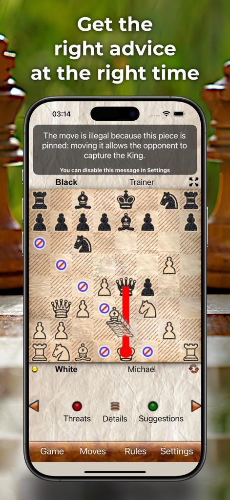 Chess without ads - The app provides real-time warnings for illegal moves, offering clear explanations and highlighting problematic pieces.