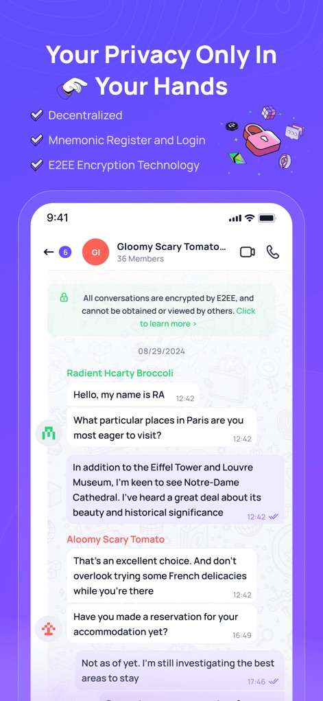 Luffa:Secure Encrypted Chat - The app emphasizes user privacy through "E2EE Encryption Technology" and a secure "Mnemonic Register and Login" process for ultimate data control.