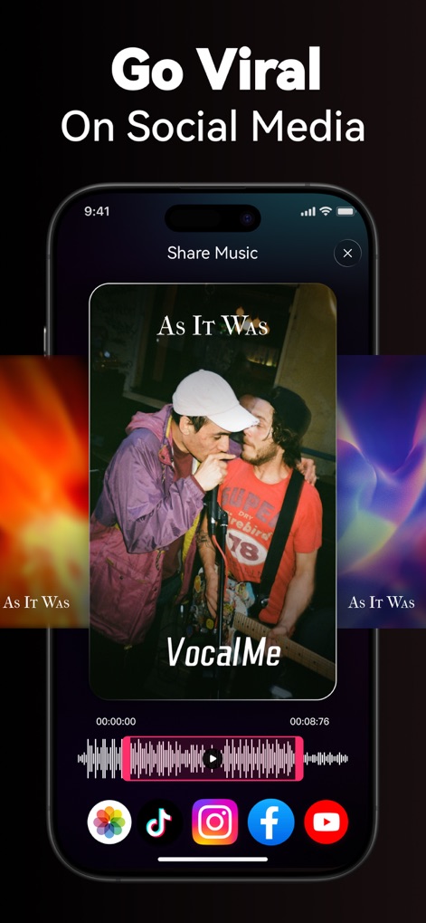 VocalMe Music: AI Cover Songs - This app facilitates easy sharing of user creations, providing a clear preview of the generated music video and direct integration with platforms like TikTok and Instagram.