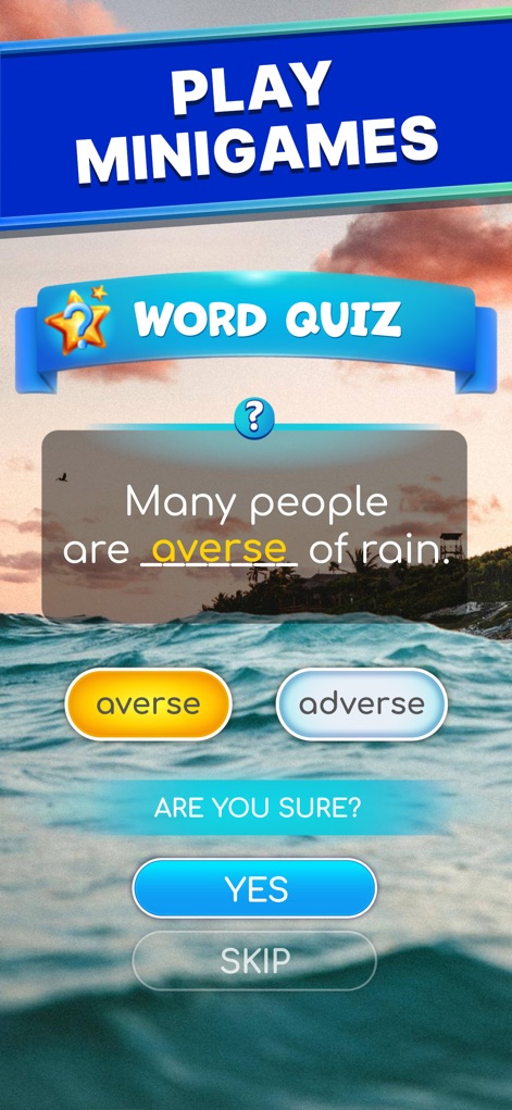 Calming Word Tour - La aplicación ofrece minijuegos como el "WORD QUIZ", donde los usuarios mejoran su gramática y vocabulario seleccionando la opción correcta en la pregunta de opción múltiple.