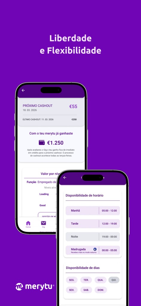 merytu - このアプリでは、ユーザーは総獲得収益の概要とキャッシュアウト情報、さらに希望の時間帯や曜日を選択できる柔軟なスケジュール設定を利用できます。
