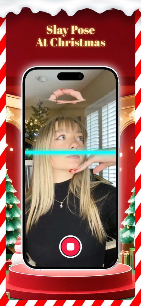 TimeWarp – Time Warp Scan - This tool enhances selfies with dynamic pose effects, subtly distorting facial features and hair as the blue horizontal scan line passes, perfect for trendy social media content.