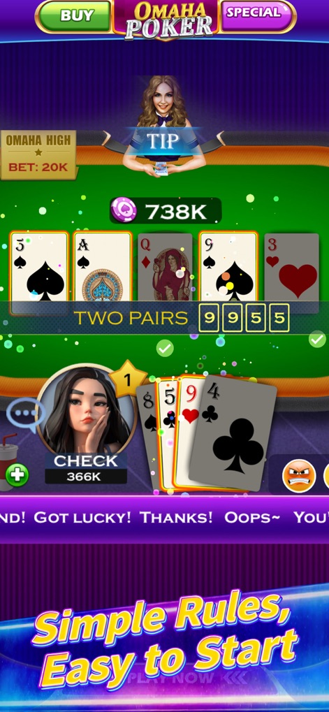 Omaha Poker™- Unlimited Play - 실감나는 게임 테이블과 명확하게 표시된 카드 핸드 '투 페어'를 통해 사용자는 오마하 하이 포커의 긴장감 넘치는 순간을 경험할 수 있습니다.