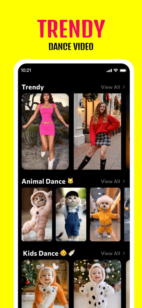 Photo Dance: AI Baby Dance - Explore the app's extensive collection of categorized dance templates, featuring popular sections like 'Animal Dance' and 'Kids Dance' for every preference.