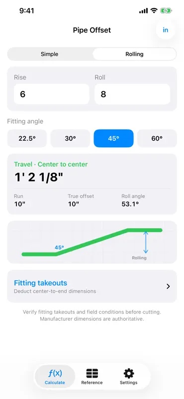 Pipe Offset Calc: Rise & Roll screenshot 2 of 5