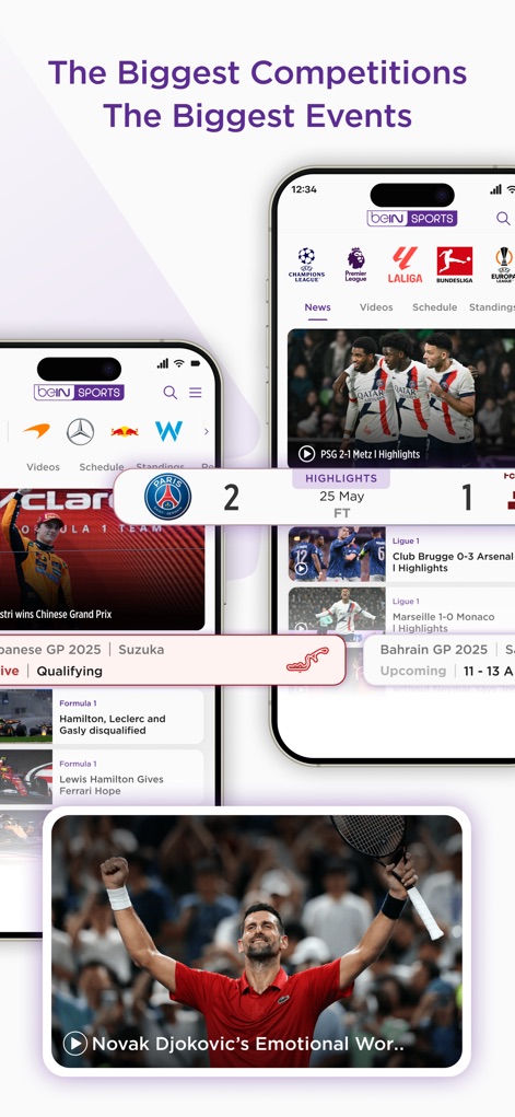 beIN SPORTS - L'application offre un aperçu immédiat des moments clés des matchs et une vue claire sur les prochains événements sportifs, des résultats en direct aux calendriers des compétitions.