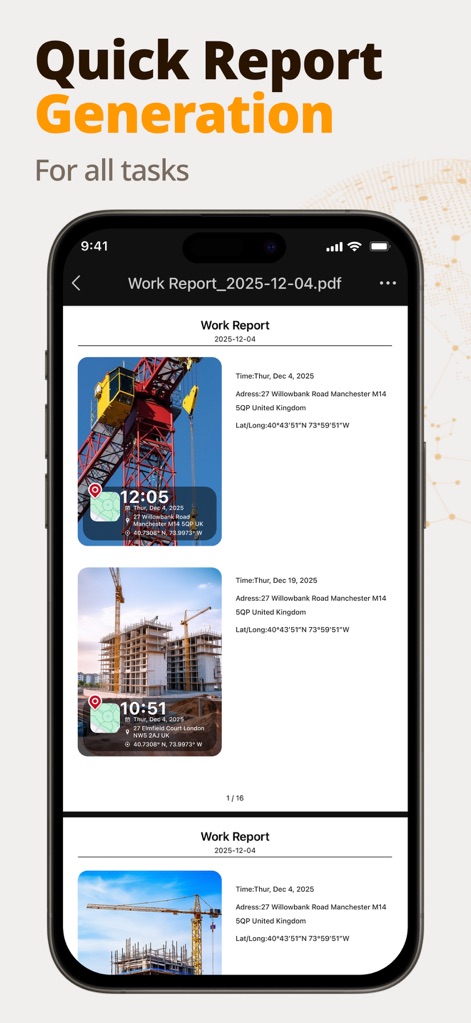 Timestamp Camera Time & GPS - Dieses Bild demonstriert einen detaillierten Arbeitsbericht im PDF-Format, der automatisch generiert wird und mehrere Fotos mit ihren präzisen Zeitstempeln und GPS-Koordinaten enthält.
