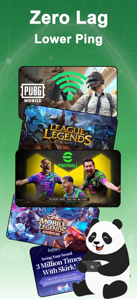 Panda VPN: Stream & Game Fast - A tela ressalta a otimização para jogos populares como "PUBG Mobile" e "League of Legends", prometendo uma experiência com "Zero Lag" e ping reduzido.