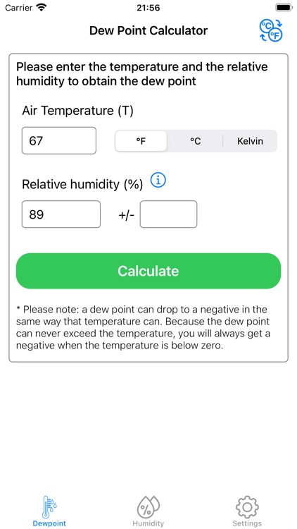 Dew Point Humidity Calculator