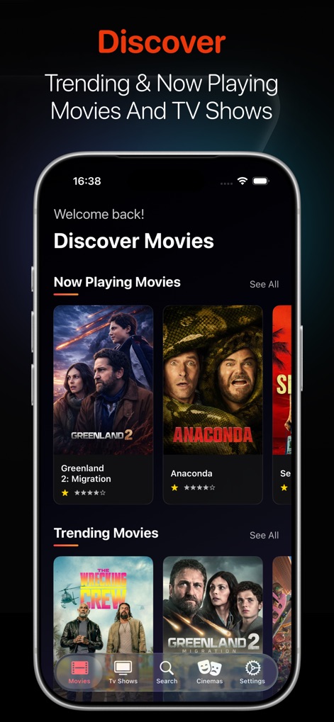 Noor Cinema : Movie App - The app facilitates content discovery by prominently displaying "Now Playing Movies" and "Trending Movies" with vivid movie posters.