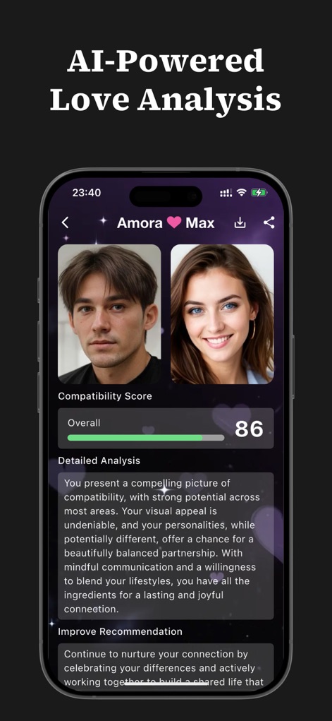 Amora Max - Find Your Soulmate - Beyond just scores, this section provides a 'Detailed Analysis' of relationship dynamics, offering extensive textual insights and actionable 'Improve Recommendation' to foster stronger connections.